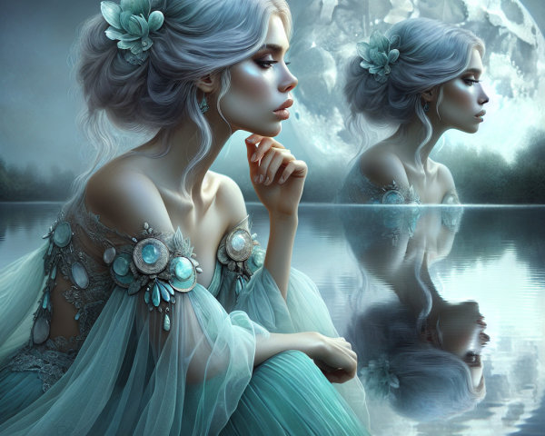 Serene figure by a tranquil lake under a full moon