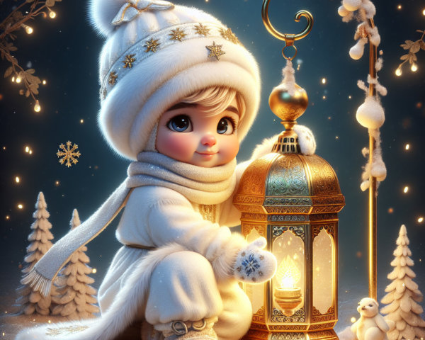 Child in Cozy Outfit by Lantern in Winter Landscape