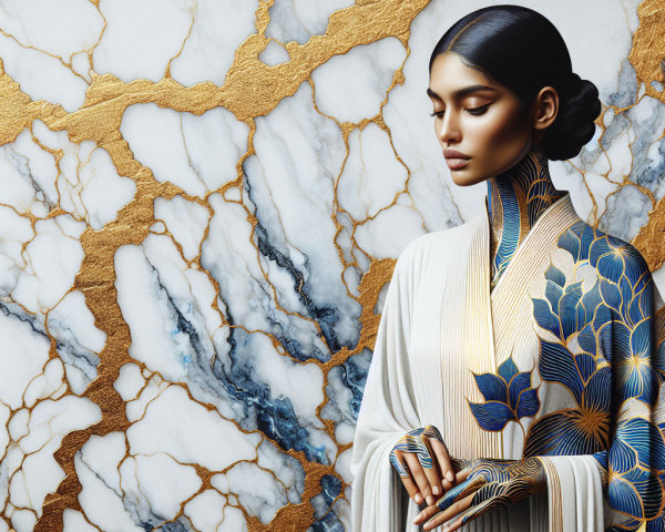 Serene model in elegant garment with marble backdrop