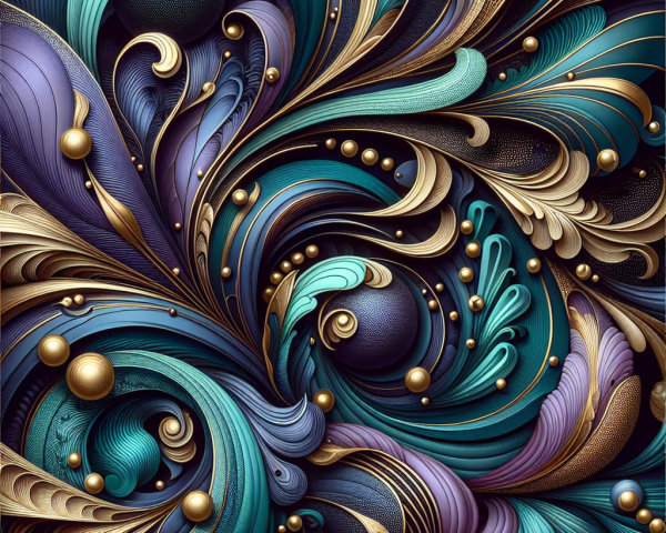 Intricate Swirling Patterns in Teal, Purple, and Gold
