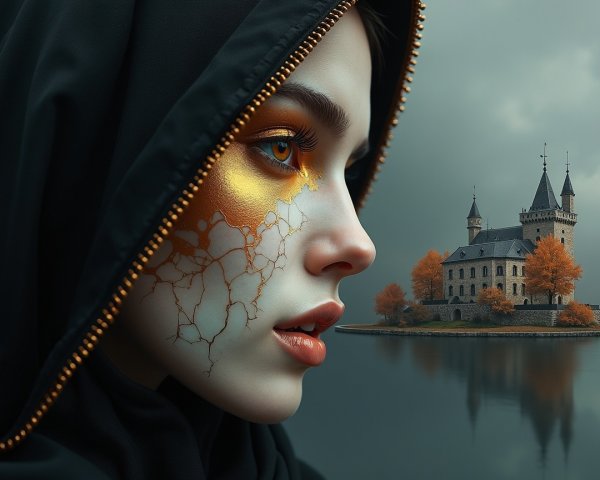 Woman with gold face paint near a picturesque castle