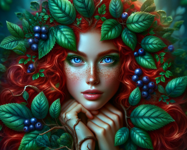 Portrait of a Young Woman with Red Hair and Nature Elements