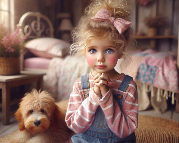 Young Girl with Dog in Cozy Pastel Room