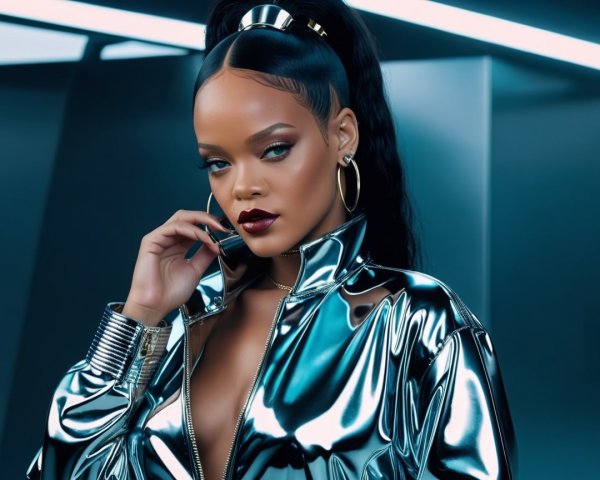 Confident figure in glossy metallic jacket under blue light