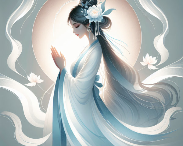 Serene Woman in Elegant Robes with Moonlit Background