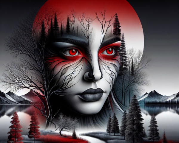Surreal Female Face Merging with Dark Trees and Moon