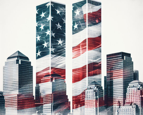 Twin Towers with American Flag and Remembrance Theme