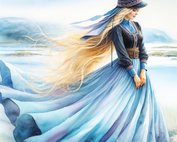 Watercolor Painting of Woman in Natural Landscape