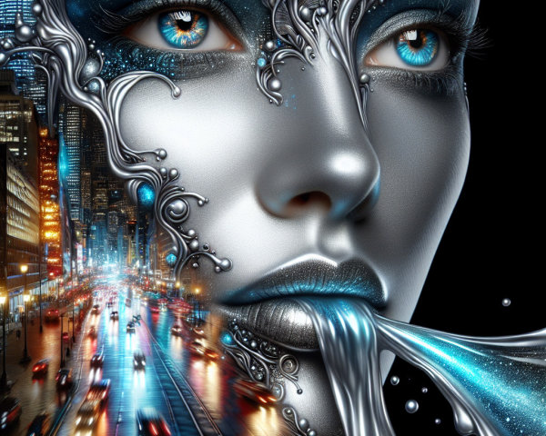 Futuristic Face with Metallic Elements and Cityscape