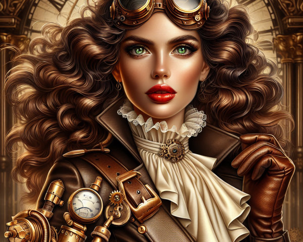 Steampunk Woman with Brass Goggles and Elegant Outfit