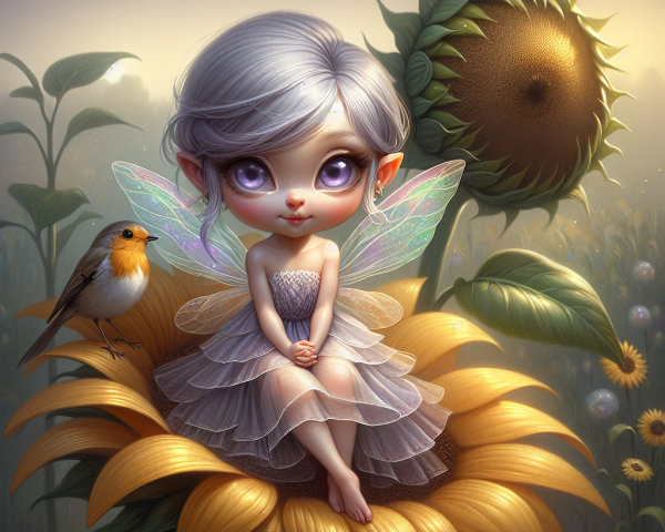 Whimsical Fairy on a Sunflower with Iridescent Wings
