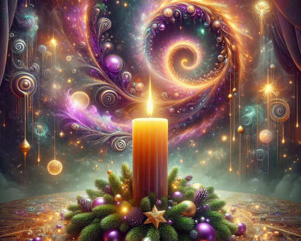 Festive Candle Surrounded by Pine and Cosmic Patterns