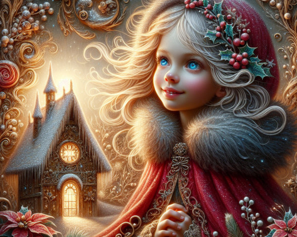 Whimsical Winter Scene with Girl in Red Cloak