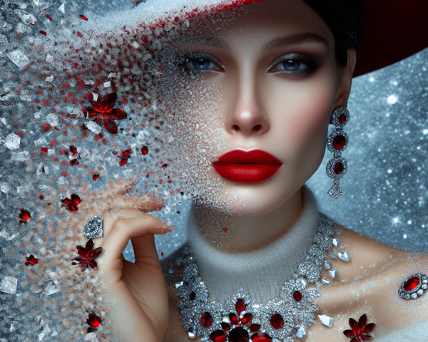 Glamorous Woman in Red Hat Against Snowy Background