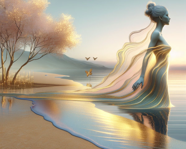 Mystical Figure on Tranquil Shore with Cherry Blossoms