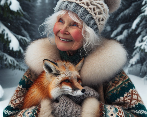 Elderly Woman with Fox in Snowy Forest Setting