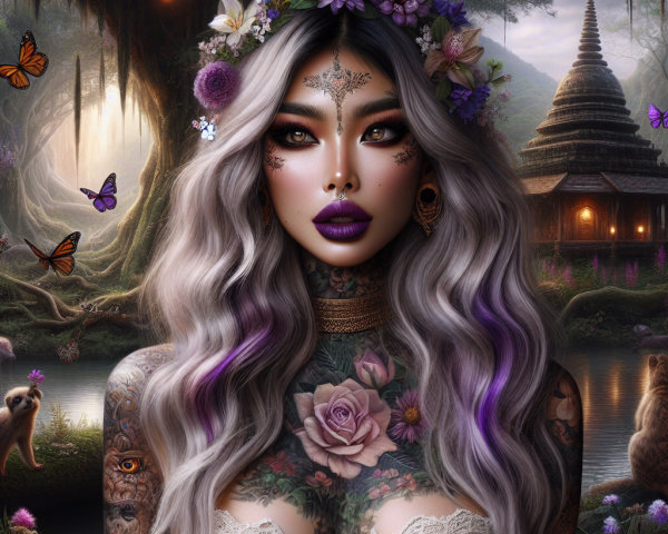 Mystical Woman with Silver Hair in Enchanted Forest
