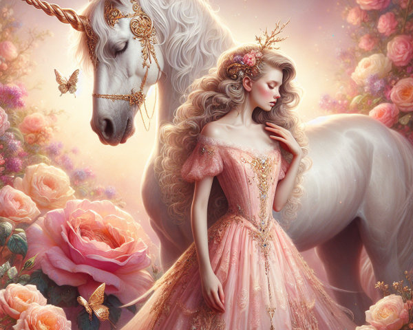 Whimsical Scene of Woman and Unicorn in Enchanted Setting