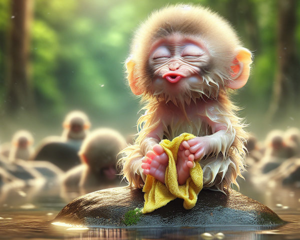 Baby monkey relaxing on a rock in a serene setting