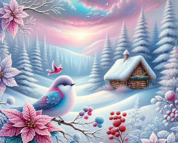 Winter Wonderland with Cottage and Evergreen Trees