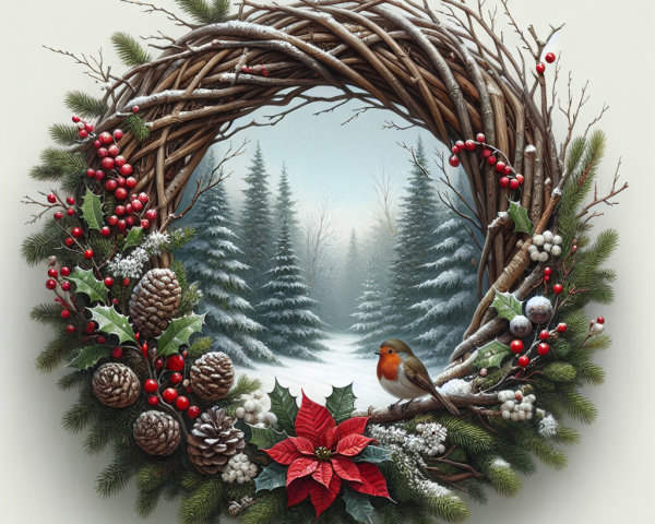 Holiday Wreath with Robin in Winter Landscape