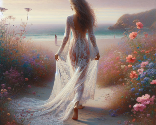 Woman in Lace Gown Walks Coastal Pathway at Dawn
