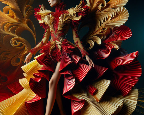 Vibrant Gown with Intricate Textures and Embellishments