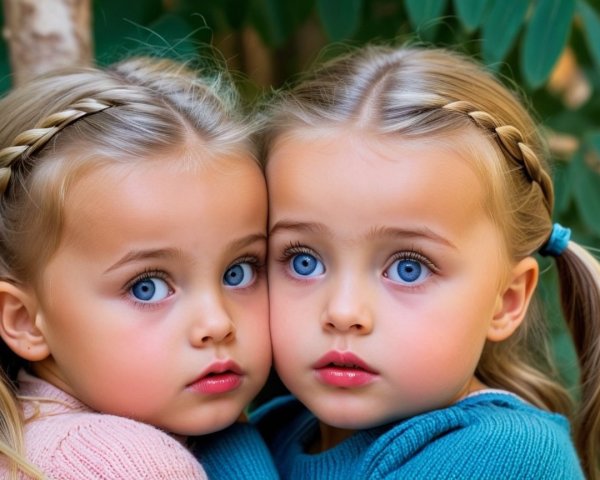 Young girls with blue eyes in colorful sweaters