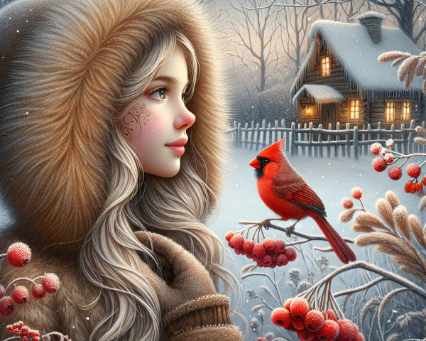 Winter Landscape with Girl and Cardinal in Snow