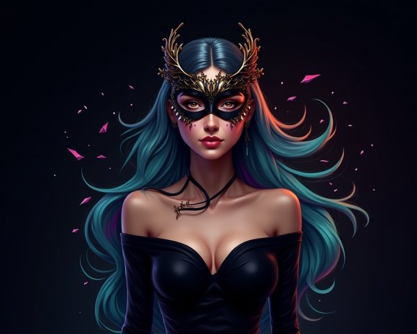 Woman with Turquoise Hair and Gold Mask in Elegance
