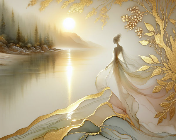 Tranquil River Landscape at Sunrise with Floral Details