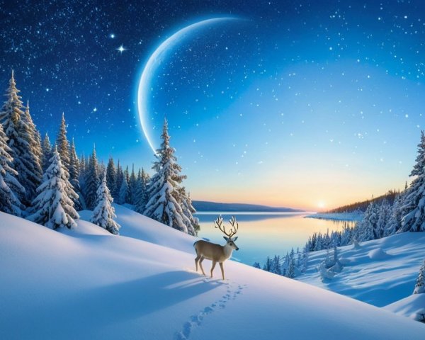 Serene Winter Landscape with Reindeer and Moonlit Sky