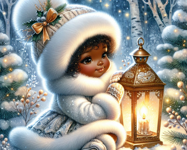 Young girl in snowy landscape with lantern and lights