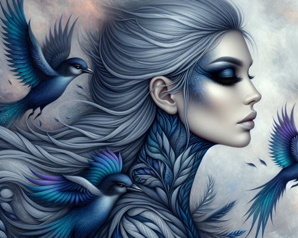 Serene Woman with Silver Hair and Vibrant Birds