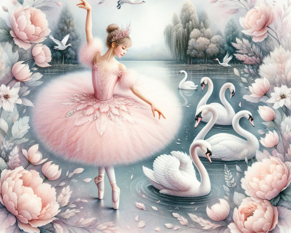 Ballet Dancer in Pink Tutu by Serene Lake with Swans