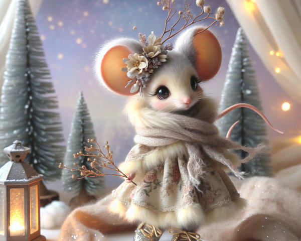 Charming Mouse Figurine in Winter Wonderland Setting