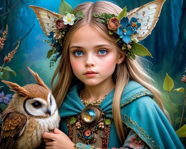 Young girl with butterfly ears in a mystical forest
