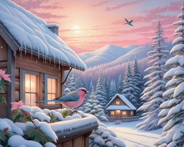 Cozy Cabin in Snowy Winter Landscape at Sunset