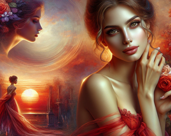 Portrait of a Young Woman in a Red Gown at Sunset