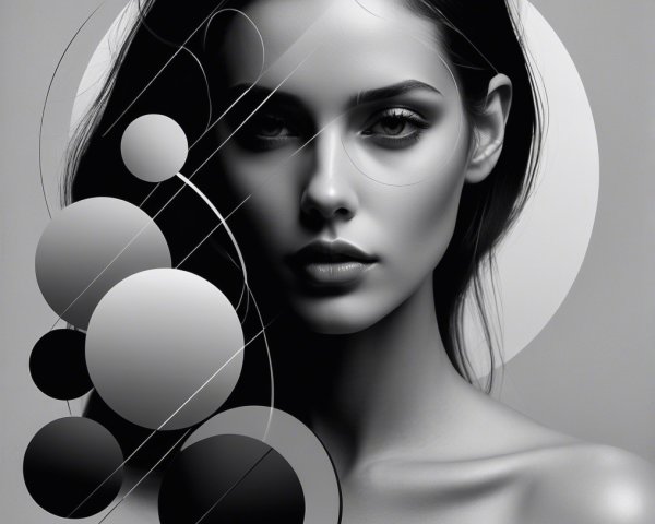 Black-and-white portrait of a woman with geometric design