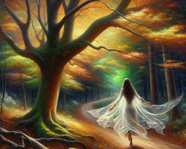 Mystical Forest Scene with Dancer and Autumn Leaves