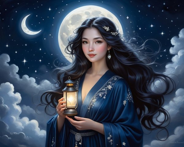 Serene Woman in Night Sky with Lantern and Clouds