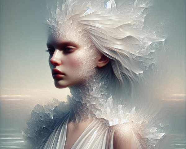 Ethereal Figure with Frosted Hair Against Tranquil Backdrop