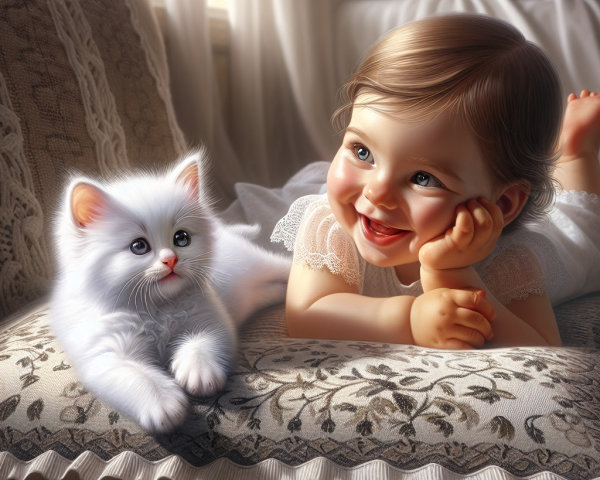 Cheerful toddler and kitten on a cozy sofa