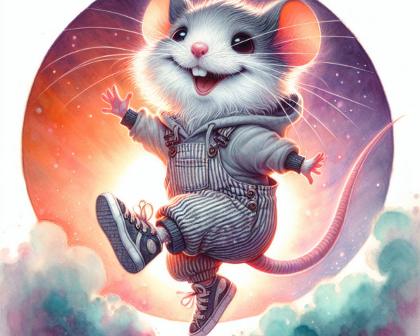 Cheerful Cartoon Mouse Dancing in Cosmic Background