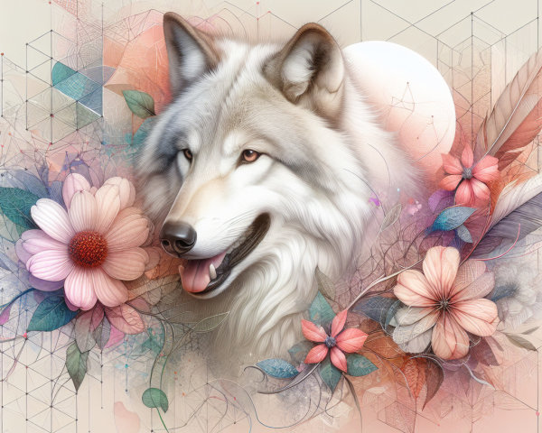 Majestic wolf in pastel colors with floral patterns