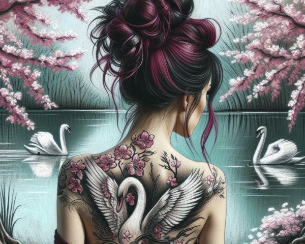 Woman with dark hair by a lake with cherry blossoms