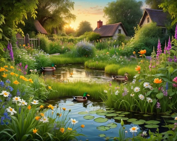 Serene Garden Scene with Pond at Sunset