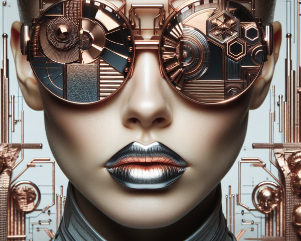 Futuristic figure with metallic sunglasses and sleek skin