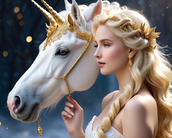 Regal Woman with Unicorn in Enchanting Scene